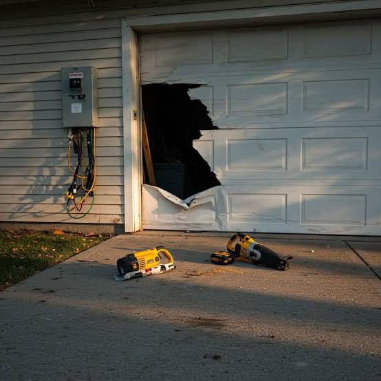 White garage door with a large jagged hole cut in it; yellow power tools and debris on the concrete driveway below.