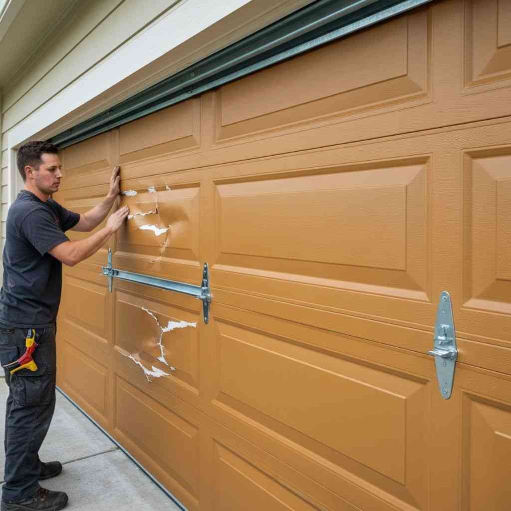 Technician repairing a cracked wooden garage door panel with a safety strut installed