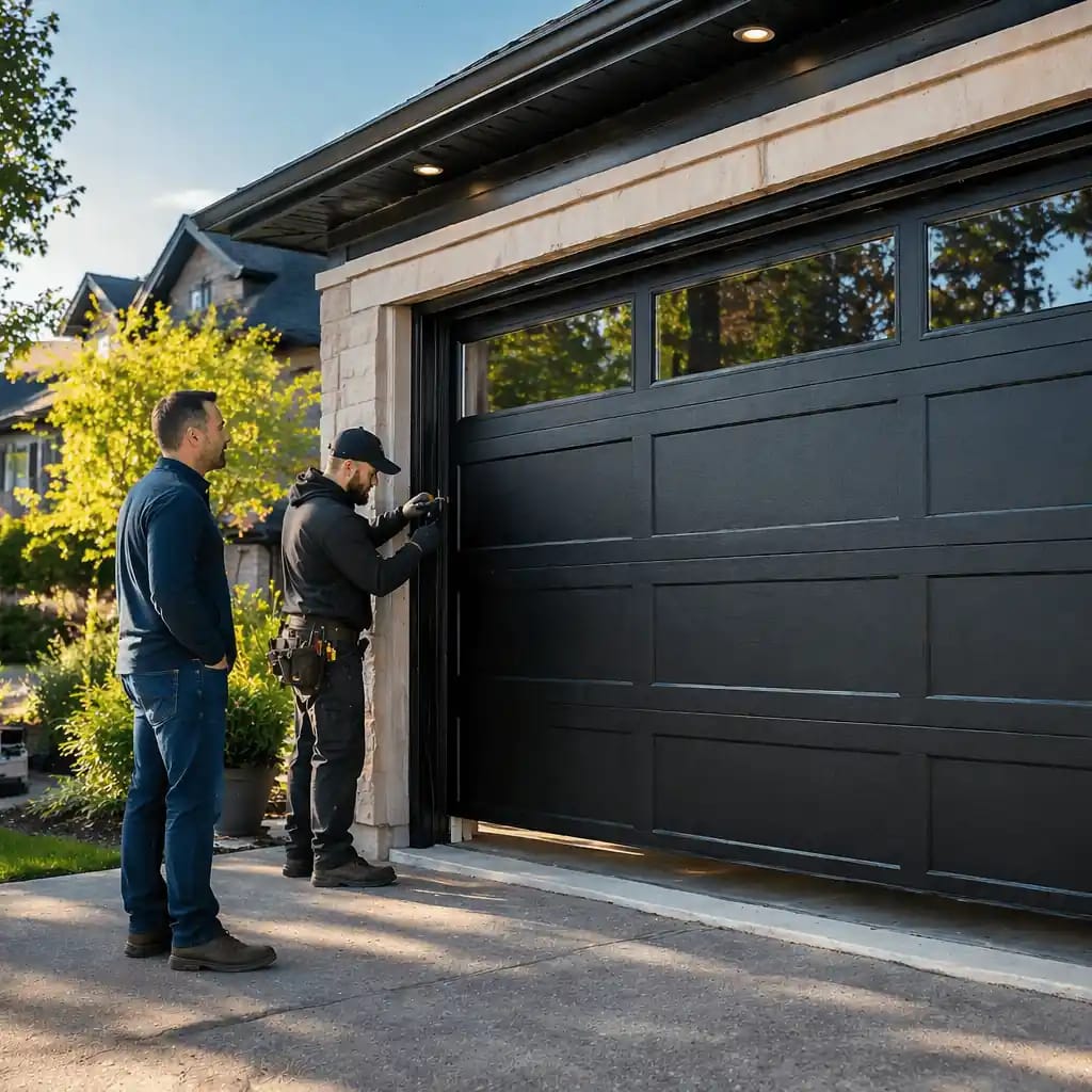 Technician in black work clothes adjusting a modern black garage door while a man in a blue sweater watches nearby.