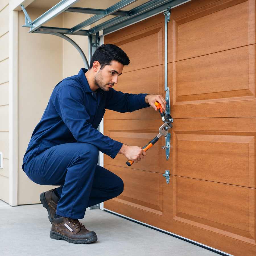 Garage door technician repairing a sectional garage door